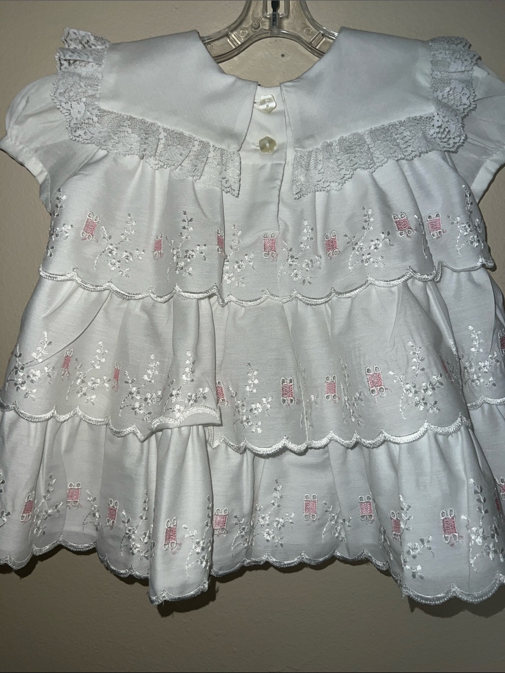 Vintage White Embroidered Tiered Baby Dress with Pink Rosette - Picture 4 of 6